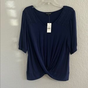 Elegant Navy Blouse with Lace by Max Studio